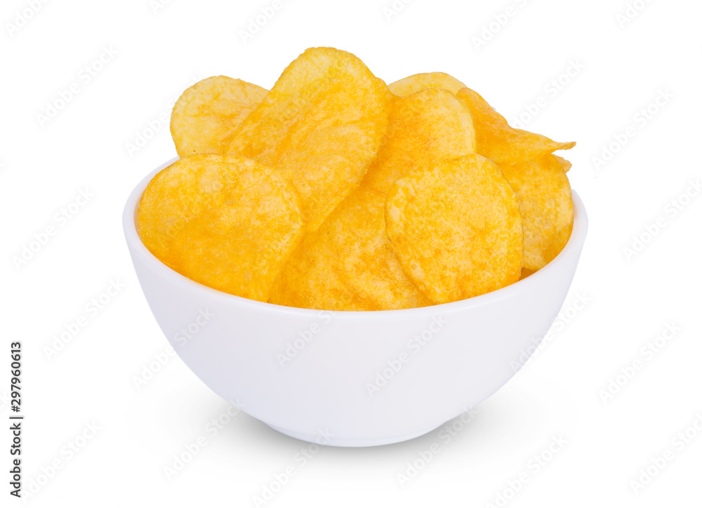 Appetizing, golden chips in faience bowl isolated on white background Appetizing, golden chips in faience bowl isolated on white background