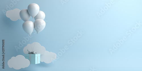 Photography Winter abstract background, Design creative concept, flying balloon, gift box, cloud on blue pastel