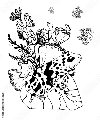 Wetland landscape with animals coloring book for adults vector illustration. Anti-stress for adult. Black and white lines insect, frog, cane, dragonfly, water, water Lace nature
