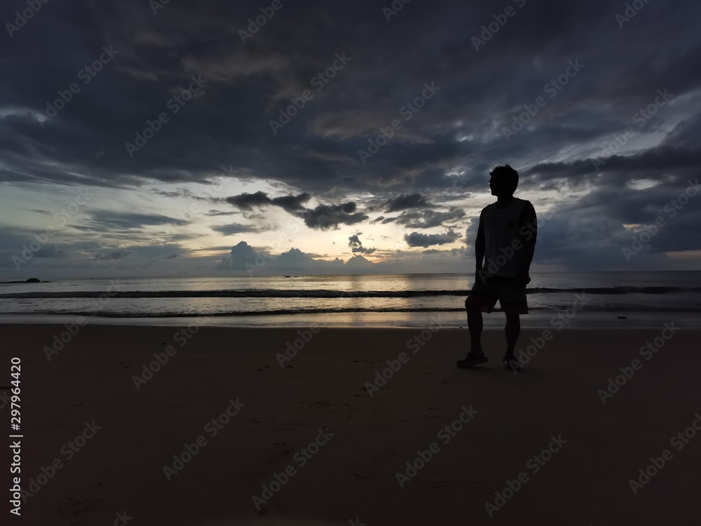 Shadow​ unrecognized​ face​ silhouette.man walking on the beach at sunset
