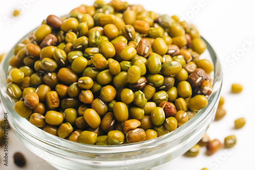 Green gram seed or mung beans in bowl on white background 