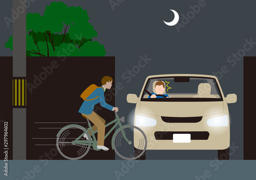 Print無灯火の自転車と自動車の出会い頭事故の危険.ベクター素材