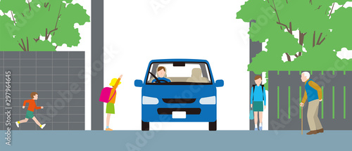住宅街の生活道路と自動車と歩行者.ベクター素材