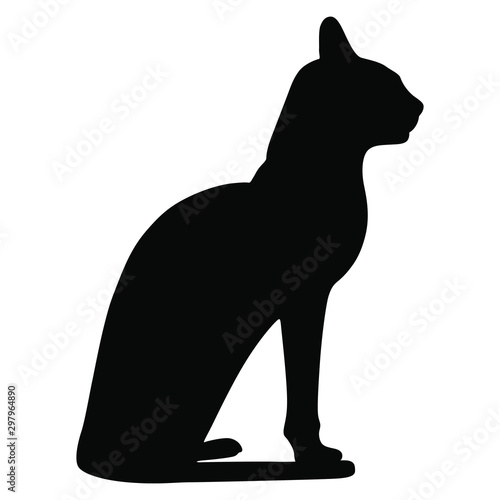 Isolated vector illustration. Ancient Egyptian sitting cat. Black silhouette on white background.