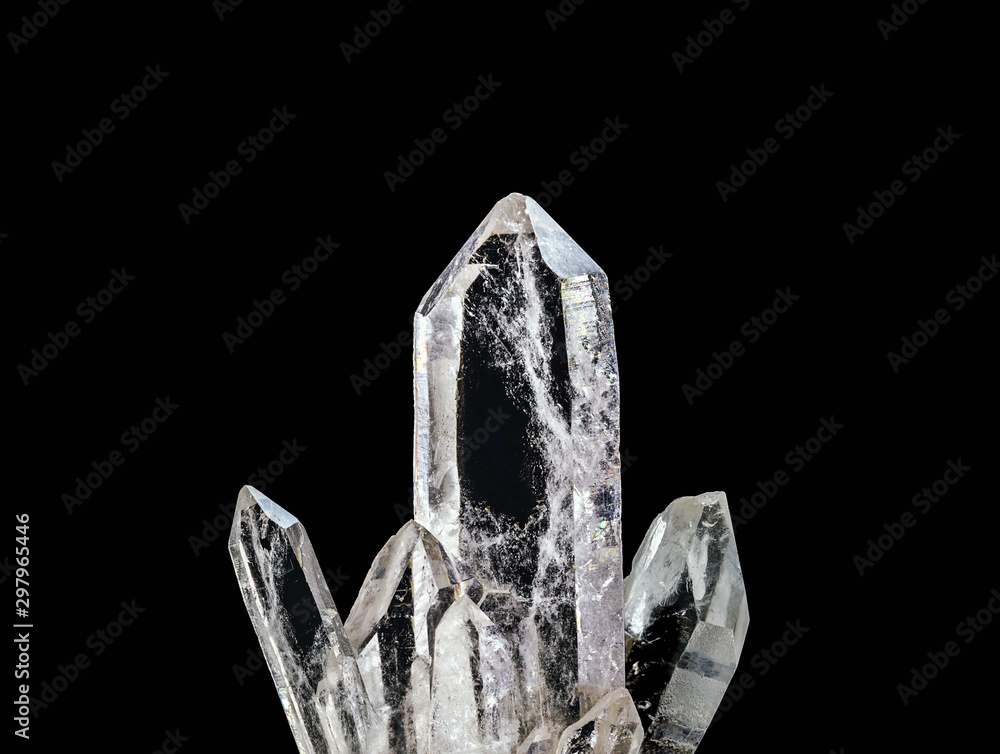 Macro photography of natural minerals from geological collection - clear quartz stone (rhinestone) on isolated black background. Zen meditation or relaxation concept. - obrazy, fototapety, plakaty 