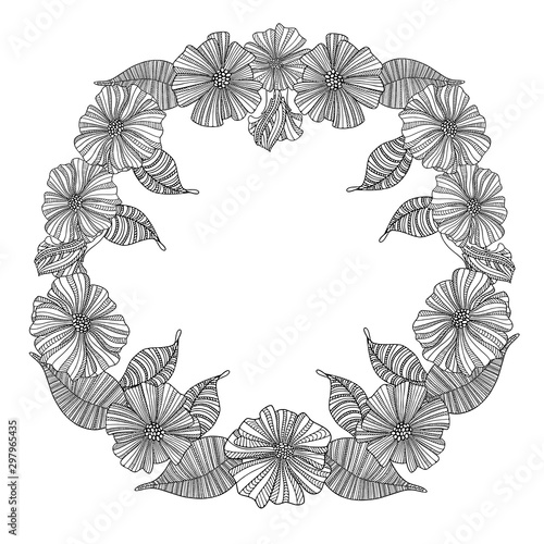 Vector illustration in the form of a frame with black outlines of abstract poppy flowers with leaves on a white background. Can be used as wedding invitations, as postcards for bouquets and decor.