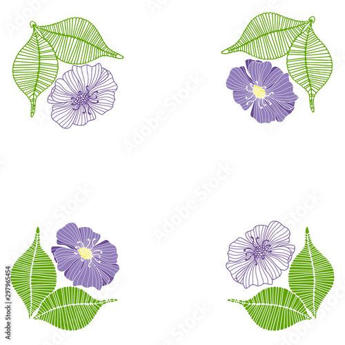 Vector illustration in the form of a frame with abstract flowers of poppies with leaves on a white background. Can be used as wedding invitations, as postcards for bouquets and other decor.