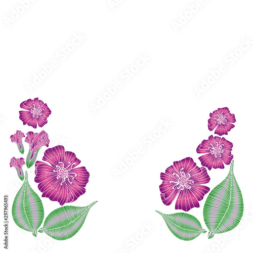 Vector illustration in the form of a frame with abstract flowers of poppies with leaves on a white background. Can be used as wedding invitations, as postcards for bouquets and other decor.