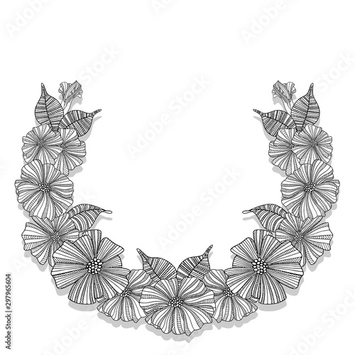 Vector illustration in the form of a frame with black outlines of abstract poppy flowers with leaves on a white background. Can be used as wedding invitations, as postcards for bouquets and decor.