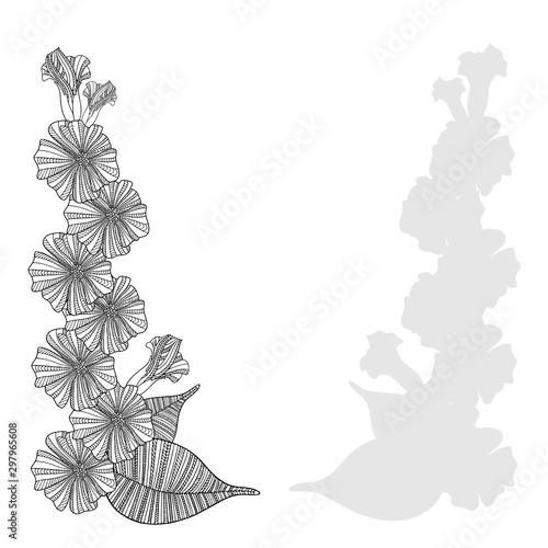 Vector illustration in the form of a frame with black outlines of abstract poppy flowers with leaves on a white background. Can be used as wedding invitations, as postcards for bouquets and decor.