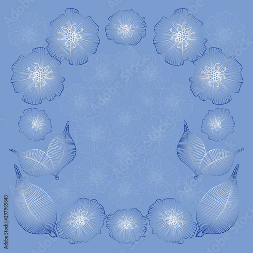 Vector illustration in the form of a frame with abstract flowers of poppies with leaves on a white background. Can be used as wedding invitations, as postcards for bouquets and other decor.