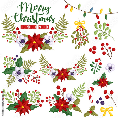 A Vector Set of Flower Assembled in Beautiful Christmas Wreath 