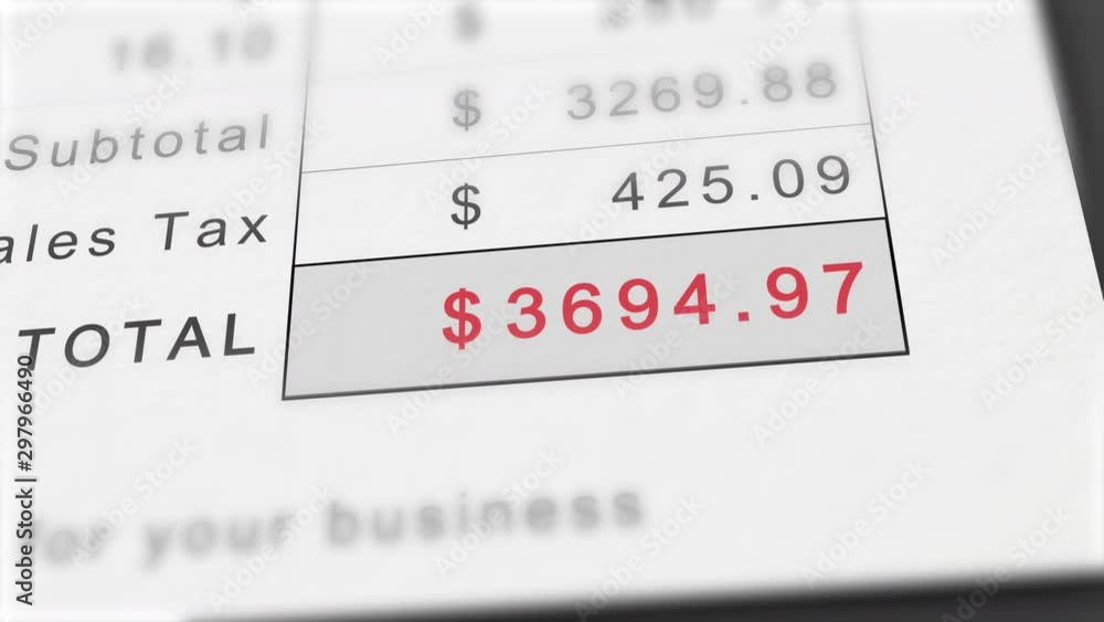 Close up animation of growing invoice total in dollars. Includes sales tax. Costs grow infinitely. Total in red. Close up animation of growing invoice total in dollars. Includes sales tax. Costs grow infinitely. Total in red.