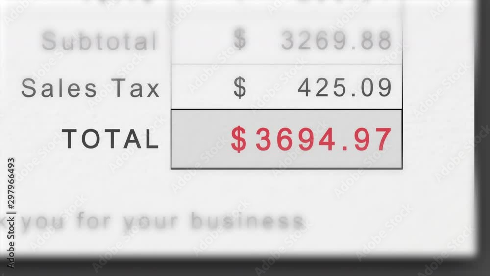Static animation of a growing invoice total in dollars with sales tax. Total costs animate ever higher. Total in red. Static animation of a growing invoice total in dollars with sales tax. Total costs animate ever higher. Total in red.