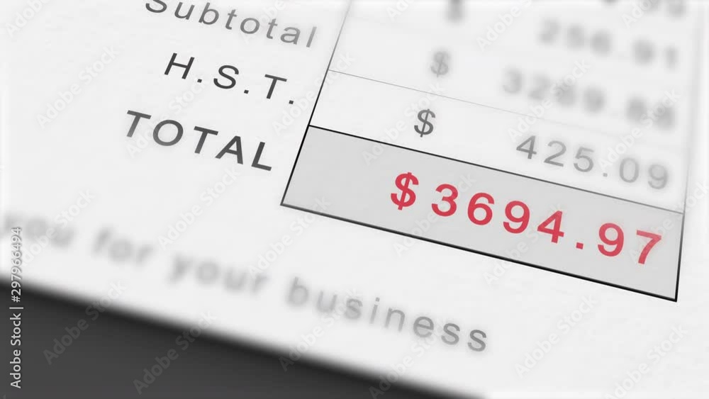 Animated growing invoice total in Canadian Dollars including HST. Costs grow infinitely. Total in red. Animated growing invoice total in Canadian Dollars including HST. Costs grow infinitely. Total in red.
