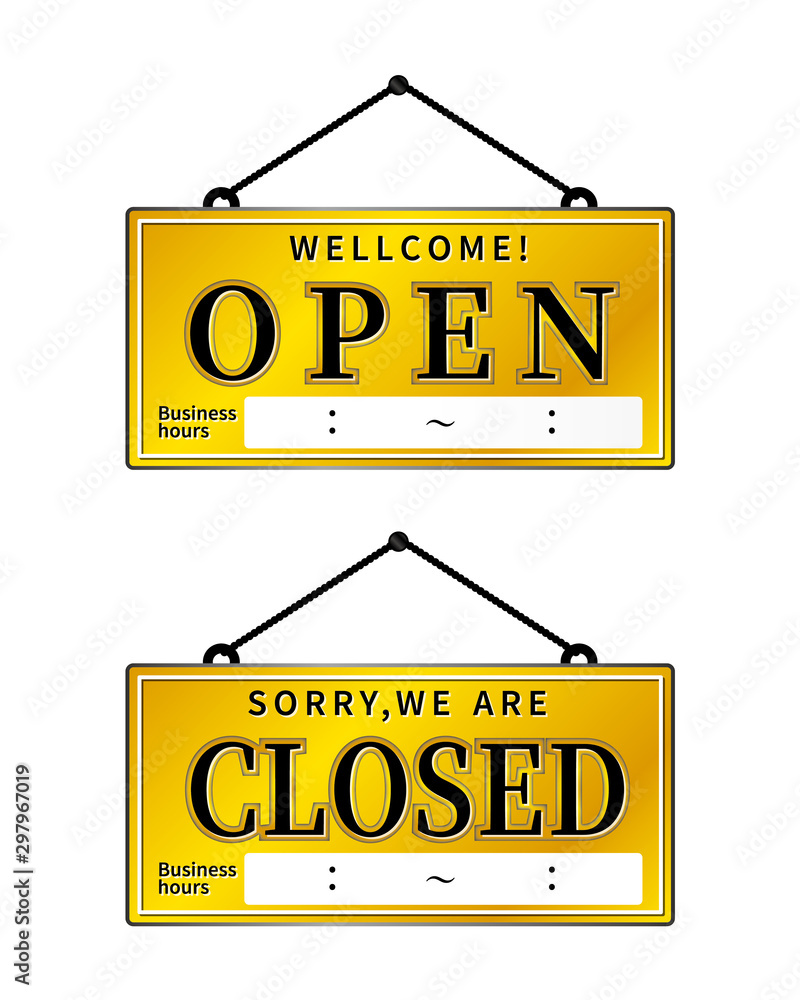 営業時間 オープン クローズ 開店 閉店 時間 表示 看板 サイン 店 店舗 ツール 黄色 ゴールド 黒 Stock Vector Adobe Stock