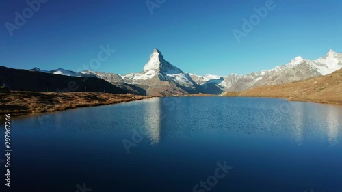 Matterhorn peak reflected in Stellisee Lake in Zermatt, Switzerland.