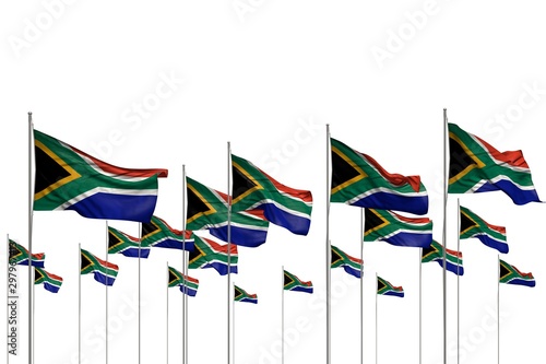 nice celebration flag 3d illustration. - many South Africa flags in a row isolated on white with empty space for content