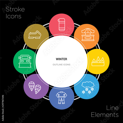 8 winter concept stroke icons infographic design on black background