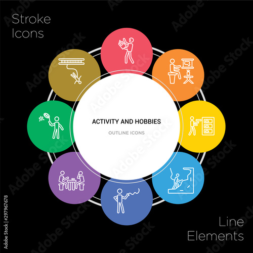 8 activity and hobbies concept stroke icons infographic design on black background