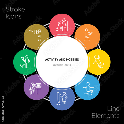 8 activity and hobbies concept stroke icons infographic design on black background