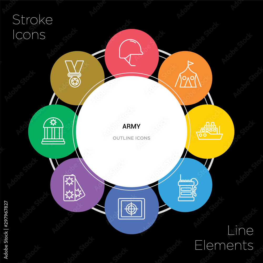8 army concept stroke icons infographic design on black background 8 army concept stroke icons infographic design on black background