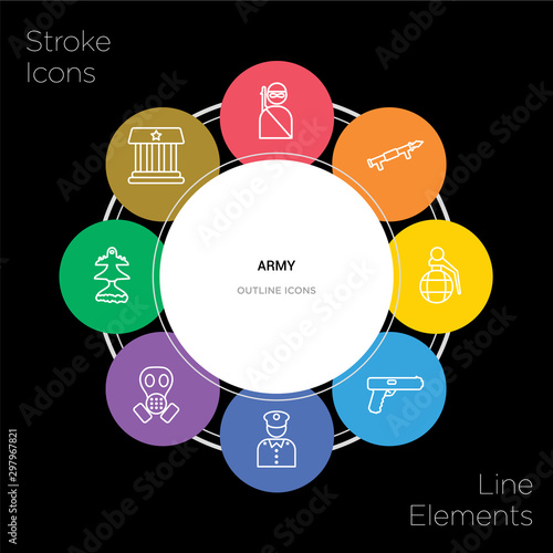 8 army concept stroke icons infographic design on black background