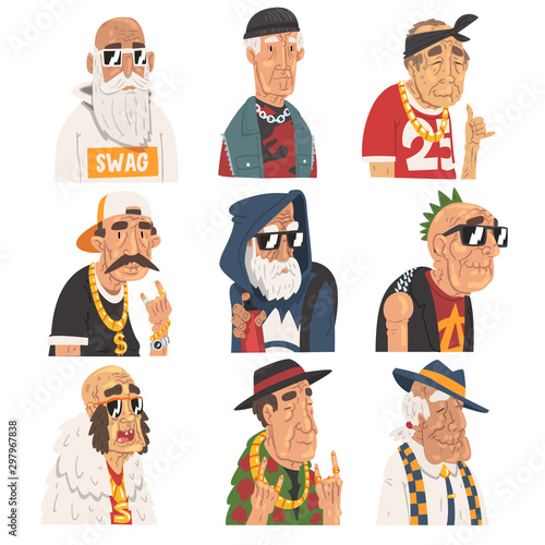 Fashion Senior Men Set, Old Man Characters Wearing Trendy Clothes Vector Illustration