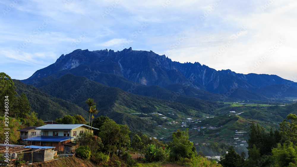 Amazing beautiful scenery view of the greatest  Mount Kinabalu Sabah, Borneo Island with local village house view from Kundasang Town, Sabah, Borneo