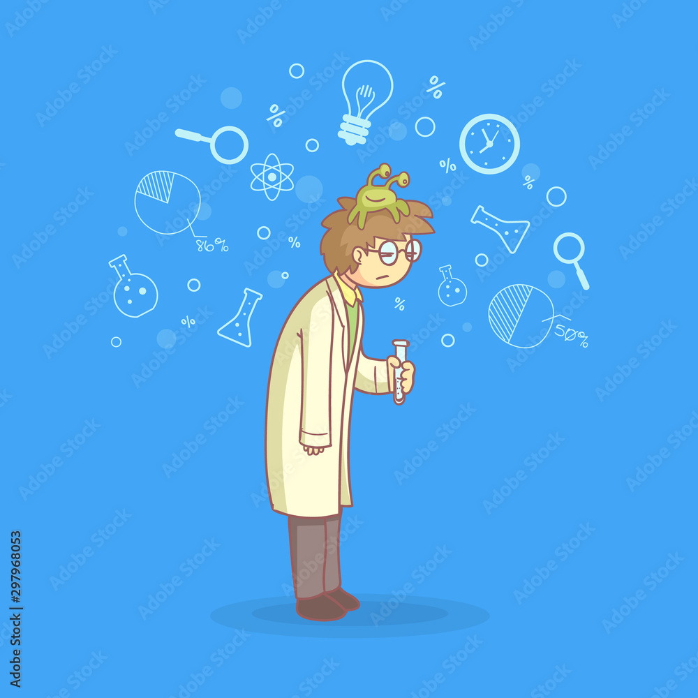 Apathetic Male Scientist Character with Lazy Monster on His Head Vector Illustration Apathetic Male Scientist Character with Lazy Monster on His Head Vector Illustration