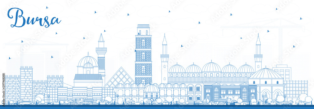 Outline Bursa Turkey City Skyline with Blue Buildings.