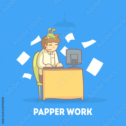 Procrastinating Office Worker Sitting at his Desk with Papers Flying Around Him, Procrastination and Laziness Vector Illustration