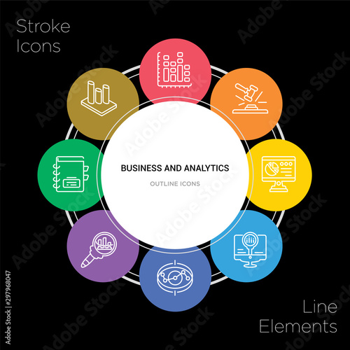 8 business and analytics concept stroke icons infographic design on black background