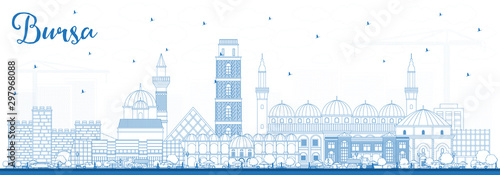Outline Bursa Turkey City Skyline with Blue Buildings.