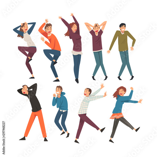 Scared and Panicked People with Fear Expression, Emotional Frightened Persons Characters Afraid of Something Vector Illustration