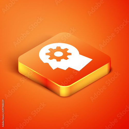 Isometric Human head with gear inside icon isolated on orange background. Artificial intelligence. Thinking brain sign. Symbol work of brain. Vector Illustration