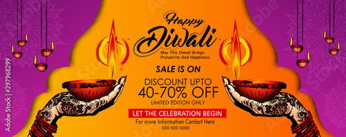 Diwali Festival Sale Design Template with Discount Tag and Creative Lamps, Floral Ornament ,mandala, Abstract Background - Diwali Offer Modern Flyer Design Template