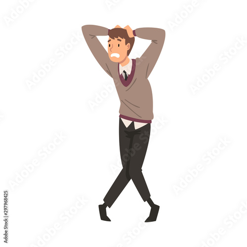 Scared and Panicked Man with Fear Expression, Emotional Frightened Person Character Clasped his Head Vector Illustration