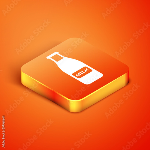 Isometric Closed glass bottle with milk and cap icon isolated on orange background. Vector Illustration