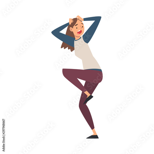 Scared and Panicked Girl Clasped his Head, Emotional Frightened Young Woman Character Afraid of Something Vector Illustration