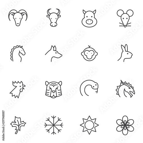 Chinese zodiac line icons set. linear style symbols collection, outline signs pack. vector graphics. Set includes icons as monkey, tiger, horse, dragon, snake, rat, dog, bull, ox, goat pig