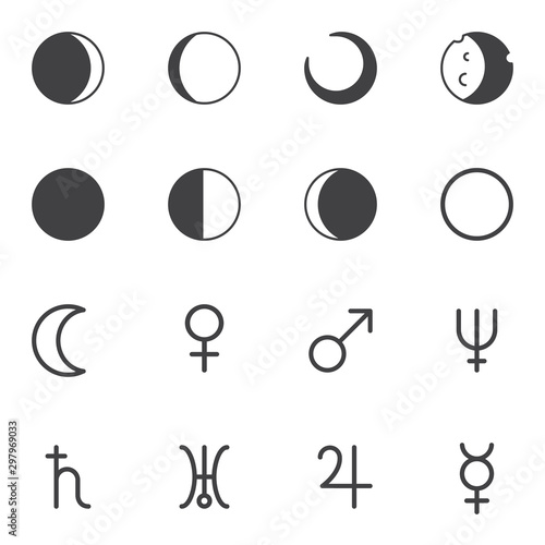 Astrology planets vector icons set, modern solid symbol collection, filled style pictogram pack. Signs, logo illustration. Set includes icons as moon phases, crescent, eclipse, venus, mercury, uranus