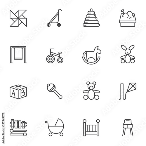 Baby toys line icons set. linear style symbols collection, outline signs pack. vector graphics. Set includes icons as toy pyramid, baby rattle, pinwheel, swing, baby carriage, kite, crib, xylophone