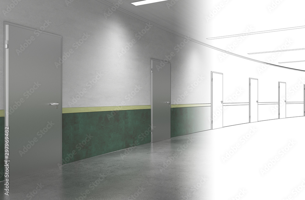 Obraz premium long corridor with doors, interior visualization, 3D illustration