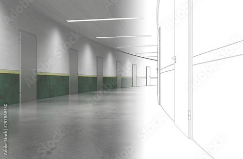 Fototapeta Naklejka Na Ścianę i Meble -  long corridor with doors, interior visualization, 3D illustration