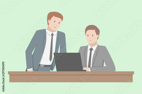 Discussion between two Caucasian men. Co-working. Vector illustration.