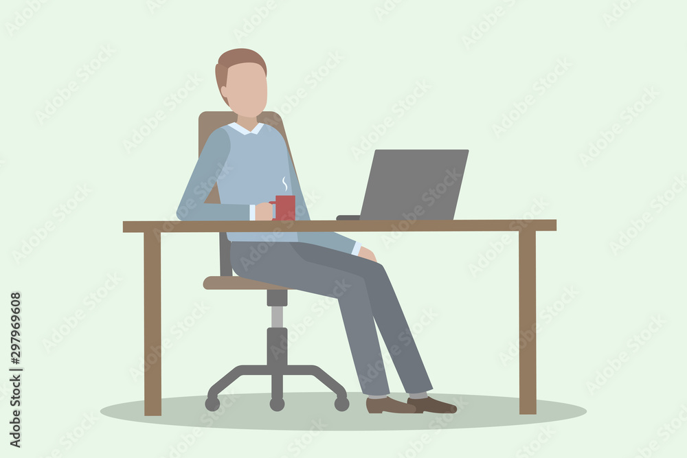 Caucasian woman sitting at desk and drinking coffee. Vector illustration.