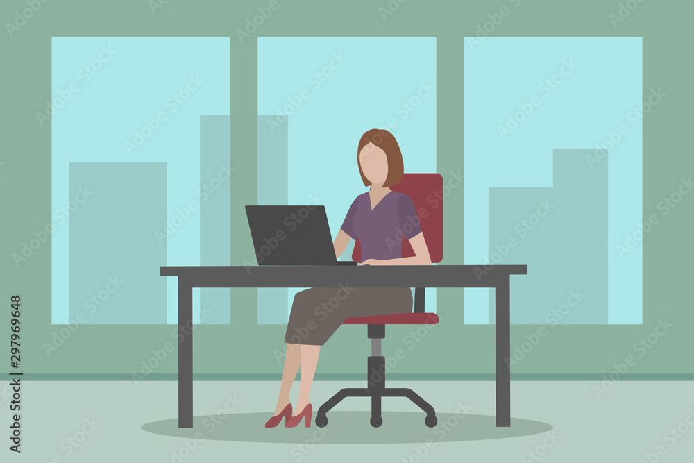 Caucasian woman sitting at table and working on computer. Office. Vector illustration. Caucasian woman sitting at table and working on computer. Office. Vector illustration.