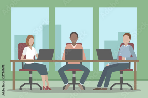 Staff working at common table. Teamwork. Vector illustration.