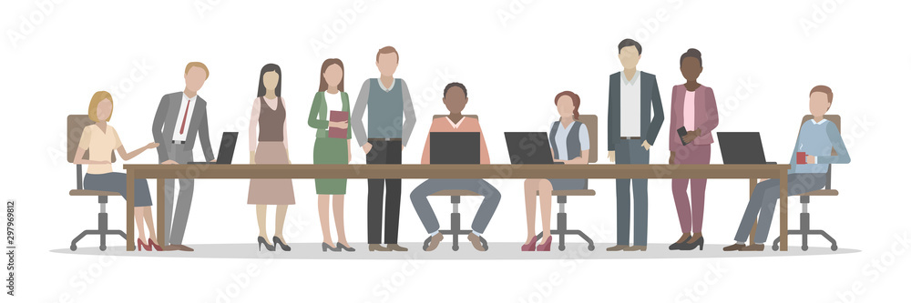 Teamwork at common table in multiethnic collective. Vector. Teamwork at common table in multiethnic collective. Vector.